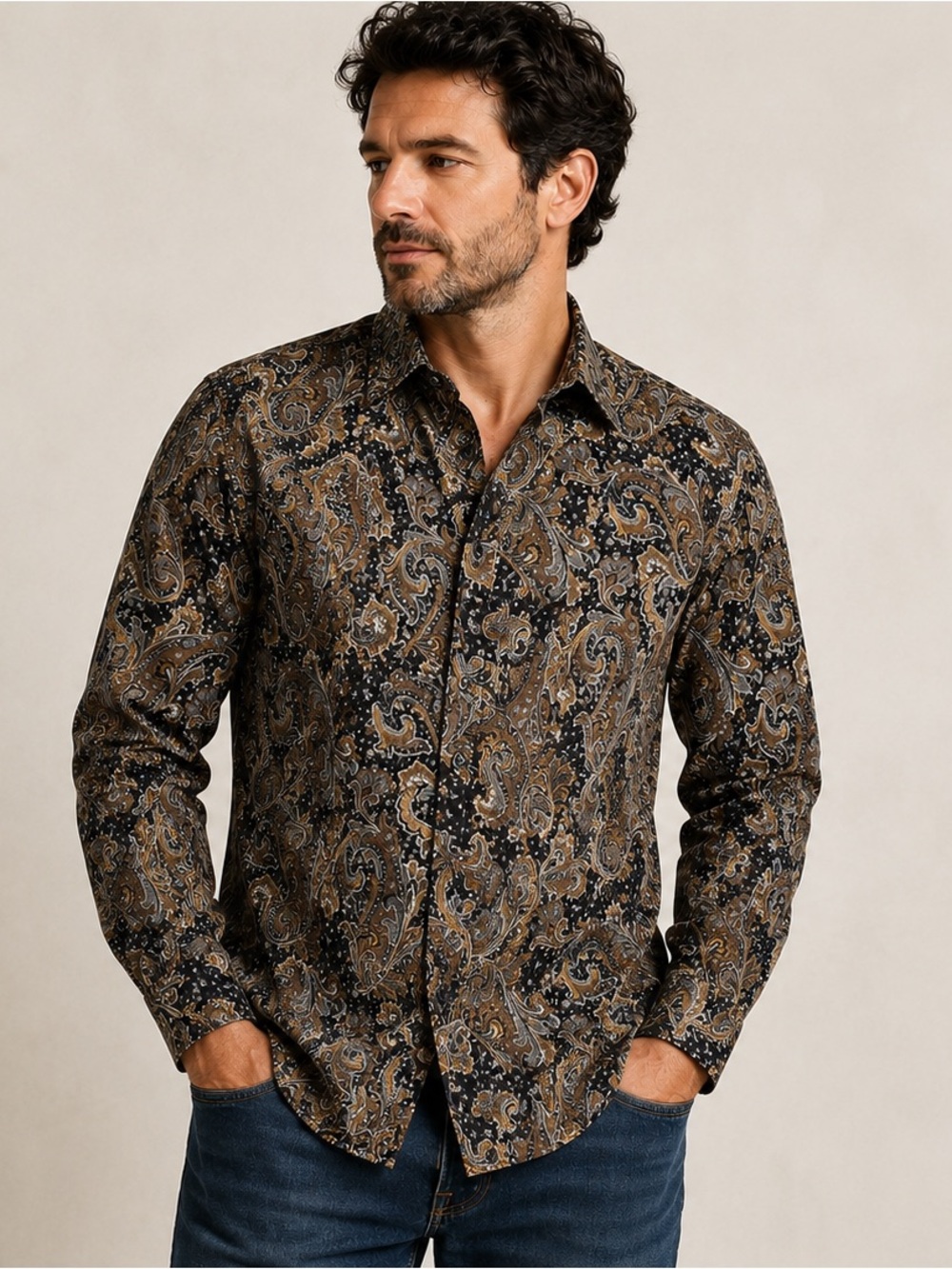 Riscatto Vintage Paisley Button Front Shirt Navy Brown Cotton Long Sleeve L